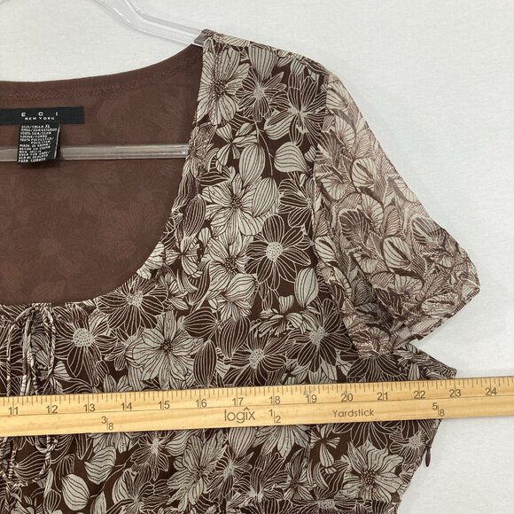 Vintage ECI New York Top size XL Brown Floral Feminine Pure Silk Baby-doll Y2K - Picture 6 of 9
